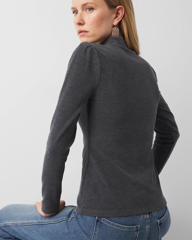 Ladies Pleated Short Puff Sleeve Mock Neck Top - Black main image 1